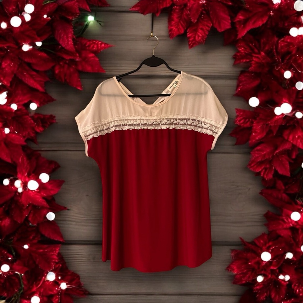 Faith and Joy Red & Cream Top with Lace Trim & Bow at Back